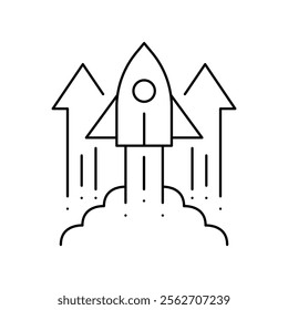Startup rocket and up arrows. Vector, black outline on white illustration. Eps 10. Can be used for any platform or purpose. Action promotion and advertising mockup.