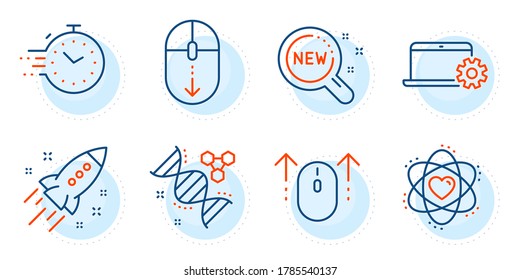 Startup rocket, Atom and Swipe up signs. Scroll down, Chemistry dna and Notebook service line icons set. Timer, New products symbols. Mouse swipe, Chemical formula. Technology set. Vector