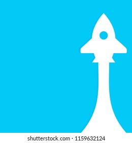 Startup rocket. Banner with rocket arrow and place for text. Rocketship creativity white paper silhouette, power start up, vector illustration