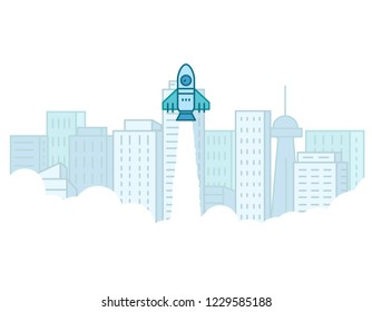 Startup rocket banner. Space rocket flying up with white smoke. Launch of project. Line style thin line landing page template. Big city buildings and skyscrapers on background.