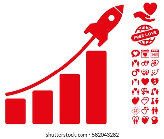 Startup Rocket Bar Chart icon with bonus amour pictures. Vector illustration style is flat iconic red symbols on white background.
