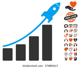 Startup Rocket Bar Chart pictograph with bonus decoration design elements. Vector illustration style is flat iconic symbols for web design, app user interfaces.