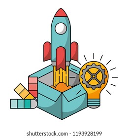 startup rocket with box and light bulb