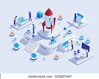 Startup rocket business project concept, vector illustration. Creative team cartoon characters, modern technologies, development strategy. Successful project launch mission, business idea for new