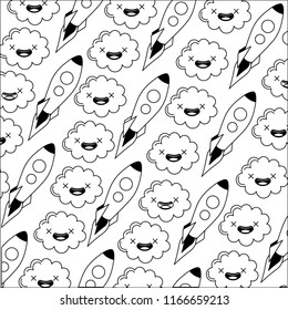 startup rocket with clouds kawaii pattern