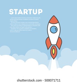 Startup rocket concept. Big beautiful red rocket flying in the sky. Idea of new ideas, innovations and development.