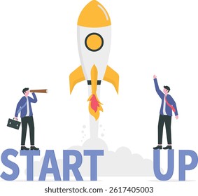 Startup rocket concept, Business startup work moments. Two businessmen stand on the word startup.

