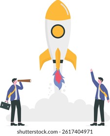 Startup rocket concept, New business or project start up design. businessman and start up.