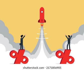 Startup rocket concept, Starting a new business project, increased profits. Two business people standing on a percentage sign