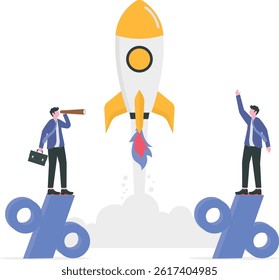 Startup rocket concept, Starting a new business project, increased profits. Two business people standing on a percentage sign

