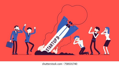 Startup rocket crash. Business style vector concept illustration