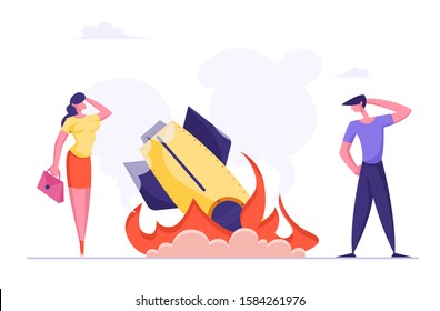 Startup Rocket Crash Concept. Unplanned Business Loss and Fail. Management Mistakes and Problems, First Bad Experience of Workers. Businesspeople Shocked about Failure. Flat Vector Illustration