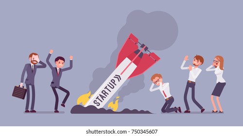 Startup rocket crash. Team of young unhappy people sad about launching not working project, management failed to achieve profit. Vector flat style cartoon illustration isolated on blue background