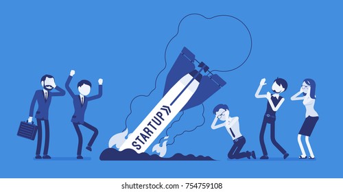 Startup rocket crash. Unplanned loss and fail, management mistakes and problems, first bad experience of young workers. Business style vector concept illustration