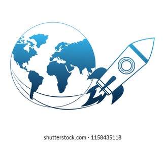 startup rocket with earth planet isolated icon