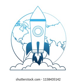 startup rocket with earth planet isolated icon