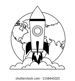 startup rocket with earth planet isolated icon