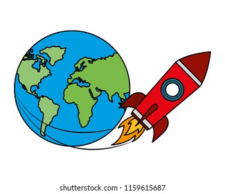 startup rocket with earth planet isolated icon