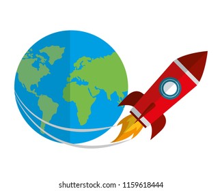 startup rocket with earth planet isolated icon