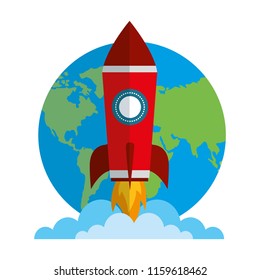 startup rocket with earth planet isolated icon