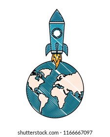 startup rocket with earth planet isolated icon