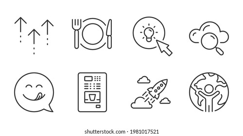 Startup rocket, Energy and Global business line icons set. Cloud computing, Restaurant food and Swipe up signs. Yummy smile, Coffee vending symbols. Quality line icons. Startup rocket badge. Vector