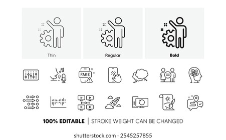 Ícones de foguete de inicialização, igualdade e linha do controlador Dj. Pacote de pintura criativa, videoconferência, ícone de funcionário. Notícias falsas, Viagem, Pictograma de ordem. Estresse, microfone, balão de fala. Vetor