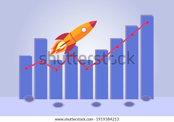 Startup rocket flying up with rising graph and\
diagram background after coronavirus outbreak. Business recovery\
vector concept