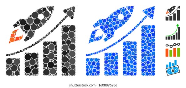 Startup rocket growth chart mosaic of small circles in various sizes and shades, based on startup rocket growth chart icon. Vector random circles are composed into blue mosaic.