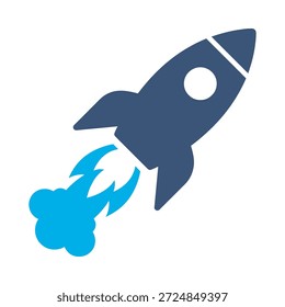 Icono de cohete de inicio diseño de Vector plano azul lanzamiento de mosca símbolo de éxito comercial espacio impulsar signo de elemento gráfico