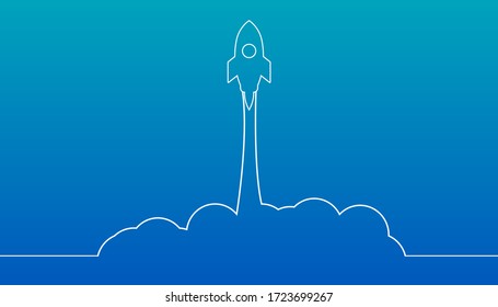Startup rocket icon. Linear motivation illustration of space ship flying like idea or success. Launch your business. Concept of successful technology. Spaceship in white color on blue background