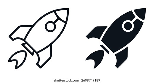 Startup rocket icons set in black white outline and filled style for business launch and technology design. Simple set of modern growth symbol for app interfaces, project marketing, concepts, creative