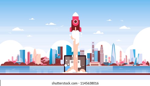 startup rocket innovation over city skyscraper panorama view cityscape background skyline flat horizontal banner vector illustration