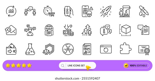 Startup rocket, Internet documents and Chemistry lab line icons for web app. Pack of Wallet, Chemical hazard, Chemistry pipette pictogram icons. Certificate, Cyber attack. Search bar. Vector