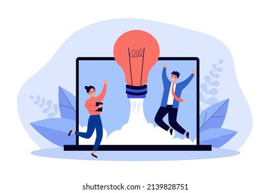 Startup rocket launch by happy business people. Success of new project of tiny man and woman flat vector illustration. Entrepreneurship, venture concept for banner, website design or landing web page