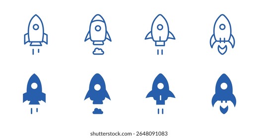 Startup and Rocket Launch Icon Set. Editable Stroke and Solid Style Symbols for Business Growth and Innovation