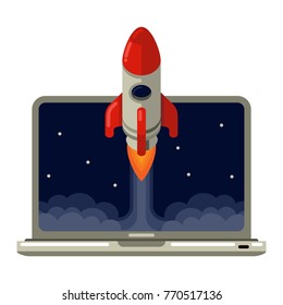 startup rocket launch from a laptop flat style vector illustration