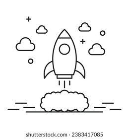 Startup rocket launch line art icon with cloud, smoke and geometric shape background