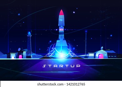 Lanzamiento de cohete de lanzamiento, lanzamiento de nueva empresa. Desarrollo empresarial y proyecto avanzado. Nave espacial volando al espacio desde la estación terrestre. Ilustración vectorial de caricatura, banner