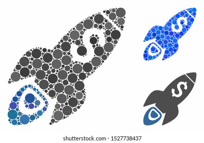 Startup rocket launch mosaic of filled circles in different sizes and color tones, based on startup rocket launch icon. Vector filled circles are combined into blue mosaic.