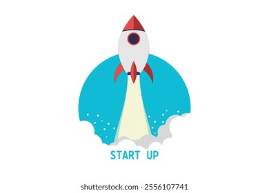 Startup, Rocket launch outside laptop screen, rocketship and smoke in laptop. Flat design. Concept of business idea. Modern flat design template.