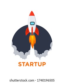 Start, Raketenstart, Raketentechnik und Rauch im Kreis. Flachdesign.  Konzept der Geschäftsidee, Produkt auf einem Markt. Vektor-EPS 10