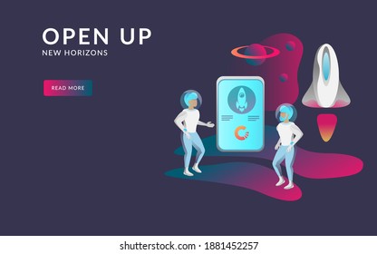 Startup, rocket launch in space concept. People work and interacting with graphs, icons and devices. Data analysis illustration.  Space, planets, rocket and astronaut illustration.