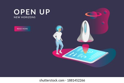 Startup, rocket launch in space concept. People work and interacting with graphs, icons and devices. Data analysis illustration.  Space, planets, rocket and astronaut illustration.