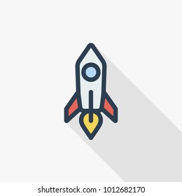 startup, rocket launch thin line flat color icon. Linear vector illustration. Pictogram isolated on white background. Colorful long shadow design.