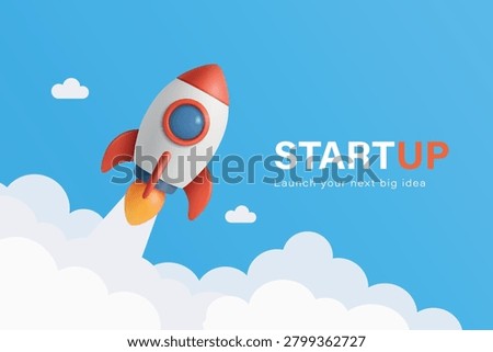 Startup Rocket Launch, Vector Illustration. Startup Business Growth and Startup Idea Banner with Flying Rocket. Clouds and Blue Sky for New Company, Innovation, App Launch and Project Promotion