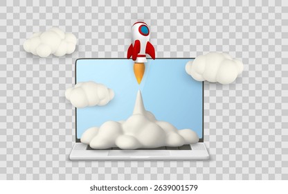 Startup Rocket Launching from Laptop Screen with Clouds and Smoke in 3D Cartoon Style, Symbolizing Innovation, Technology, and Growth. Perfect for Web and App Concepts. Vector Illustration.