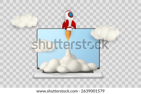 Startup Rocket Launching from Laptop Screen with Clouds and Smoke in 3D Cartoon Style, Symbolizing Innovation, Technology, and Growth. Perfect for Web and App Concepts. Vector Illustration.