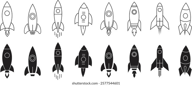 Startup Rocket line and flat icon set. System booster vector sign, isolated on transparent background. Rocket launch symbol. Editable stroke.