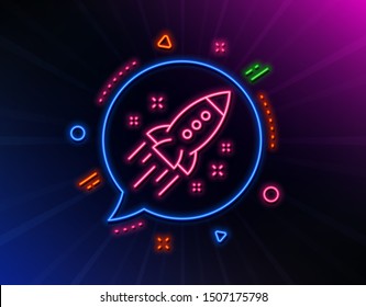 Startup rocket line icon. Neon laser lights. Launch Project sign. Innovation symbol. Glow laser speech bubble. Neon lights chat bubble. Banner badge with startup rocket icon. Vector